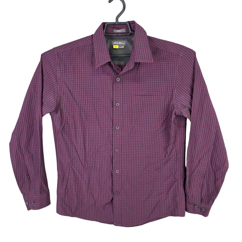 Mens Eddie Bauer Classic Fit Burgundy Blue Plaid Shirt Button Up Long Sleeve S